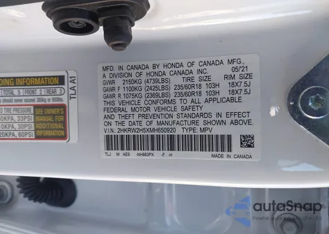 2021 Honda Cr-V Awd Ex z USA, uszkodzony, nr VIN 2HKRW2H5XMH650920